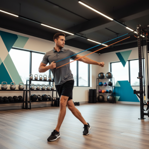 Athlete performing functional training exercise with resistance bands during sports performance therapy session in Henrico Virginia