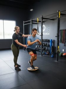 Athlete receiving hands-on guidance from a physical therapist at a performance clinic in Henrico, VA
