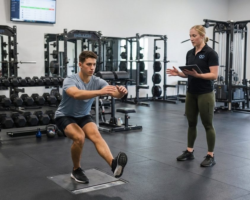 Athlete performing return-to-sport strength training with a physical therapist at a sports performance clinic in Henrico, VA