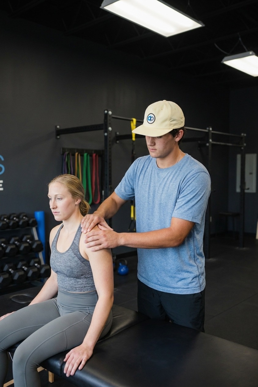 Patient working with a provider at a performance physical therapy clinic in Henrico, VA during a lower extremity strength exercise